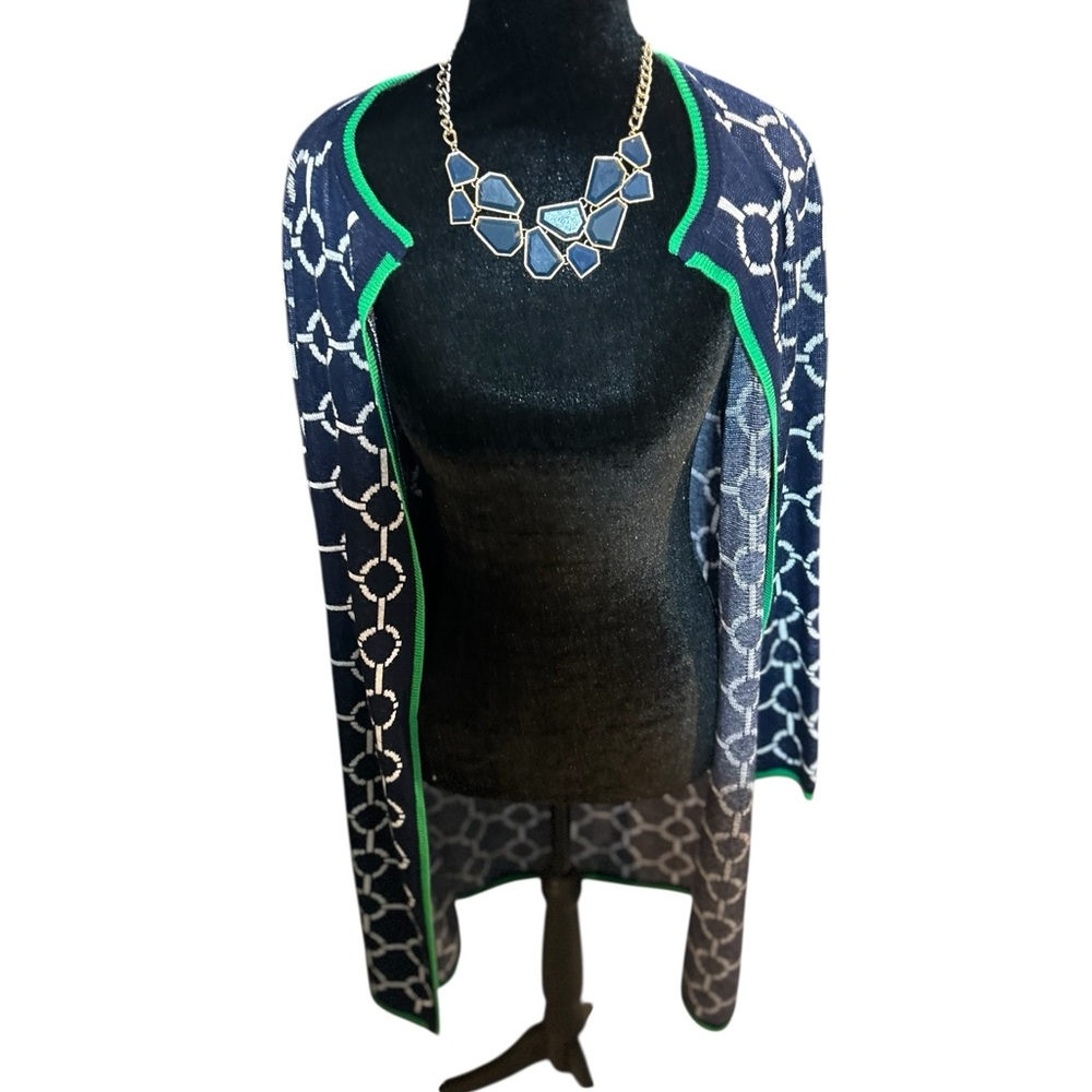 Navy Pattern Cardigan with a fun twist of Green along the edges! Fun! Size Small - Picture 2 of 7